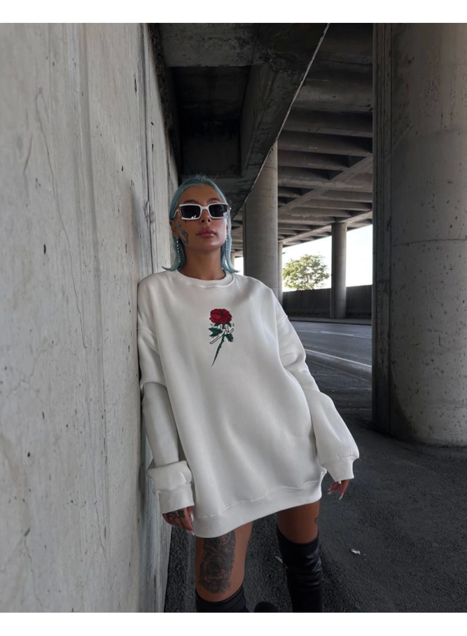 Oversize Üç İplik Bisiklet Yaka Baskılı SweatShirt - Beyaz