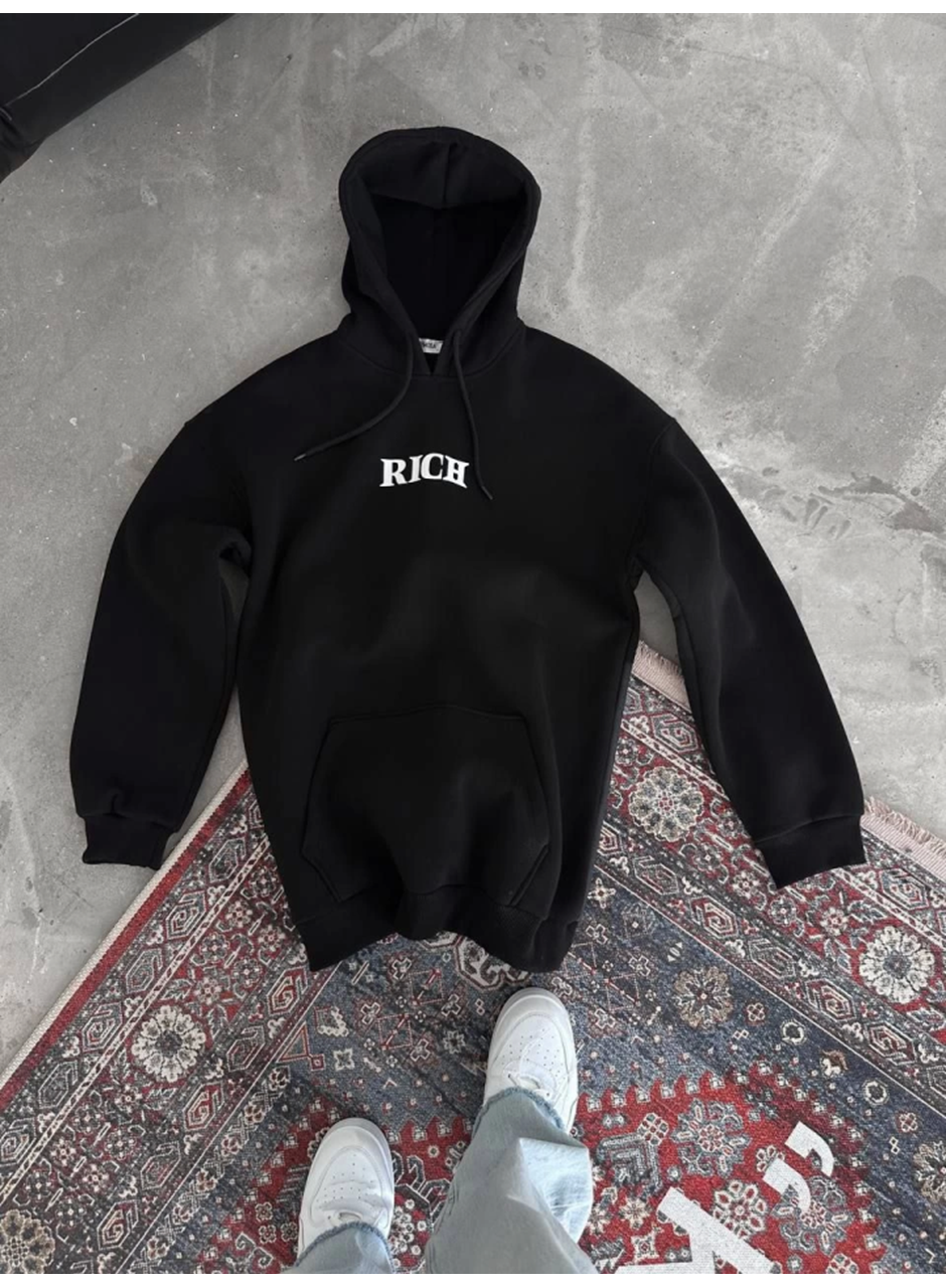 Uzun Kol Kapşonlu Göğüs Baskılı SweatShirt - Siyah