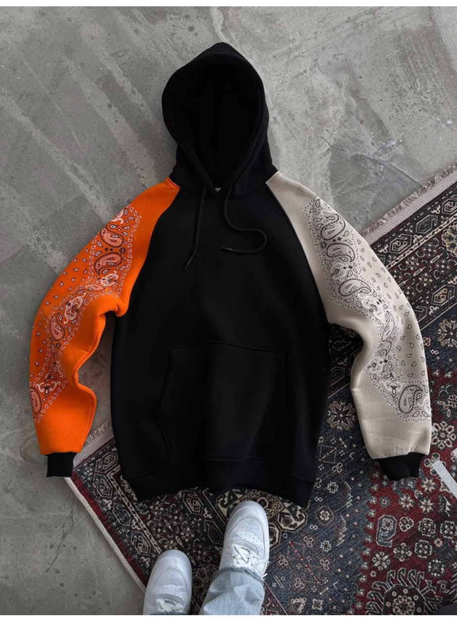 Üç İplik Penye Kapşonlu Parçalı SweatShirt - Siyah