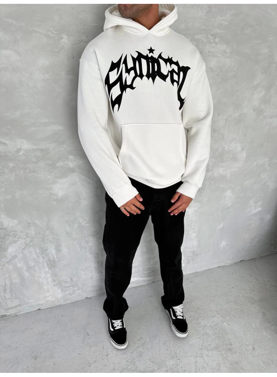 Unisex Üç İplik Kapşonlu Baskılı SweatShirt - Beyaz