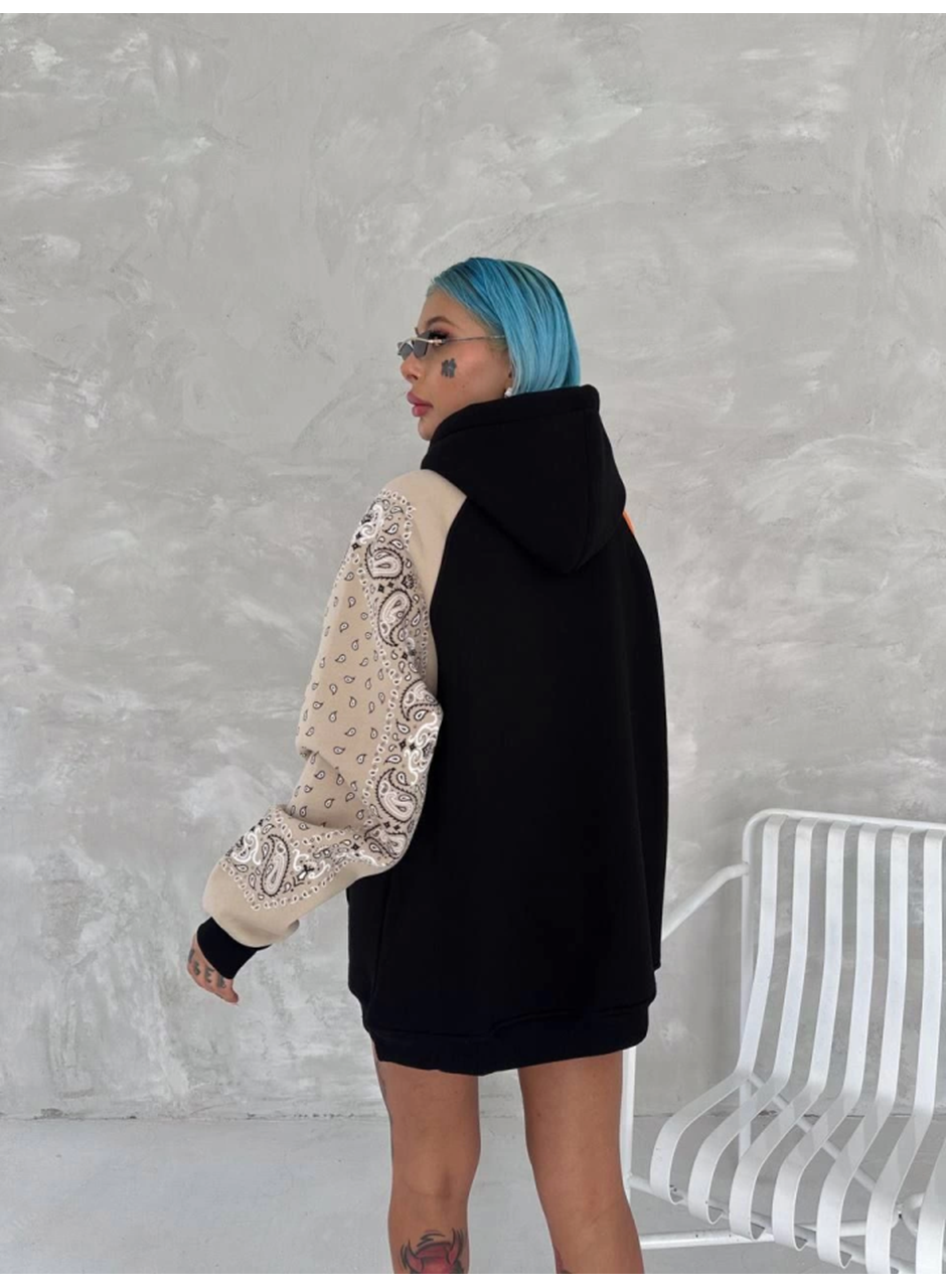 Üç İplik Penye Kapşonlu Parçalı SweatShirt - Siyah