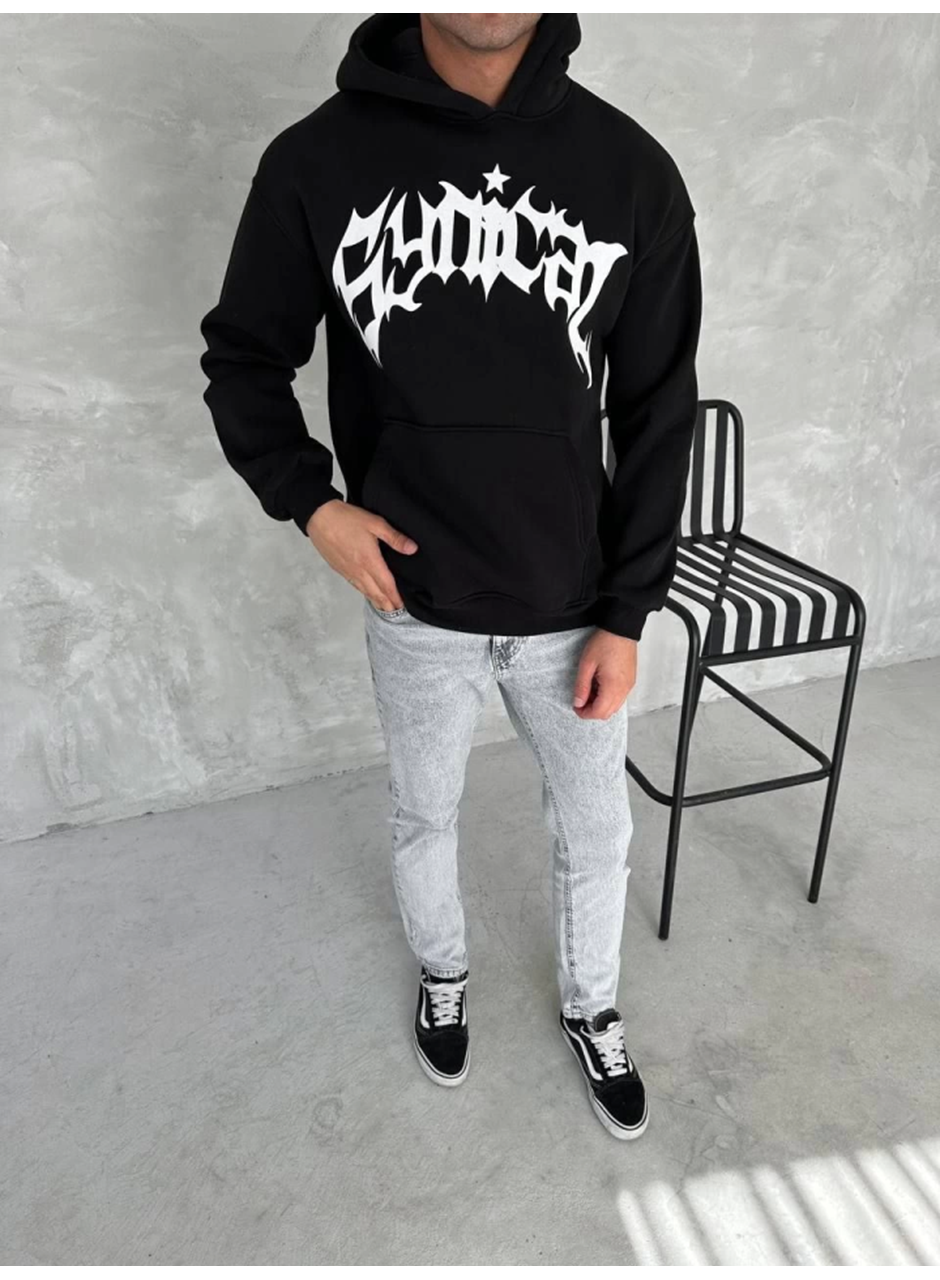 Unisex Üç İplik Kapşonlu Baskılı SweatShirt - Siyah