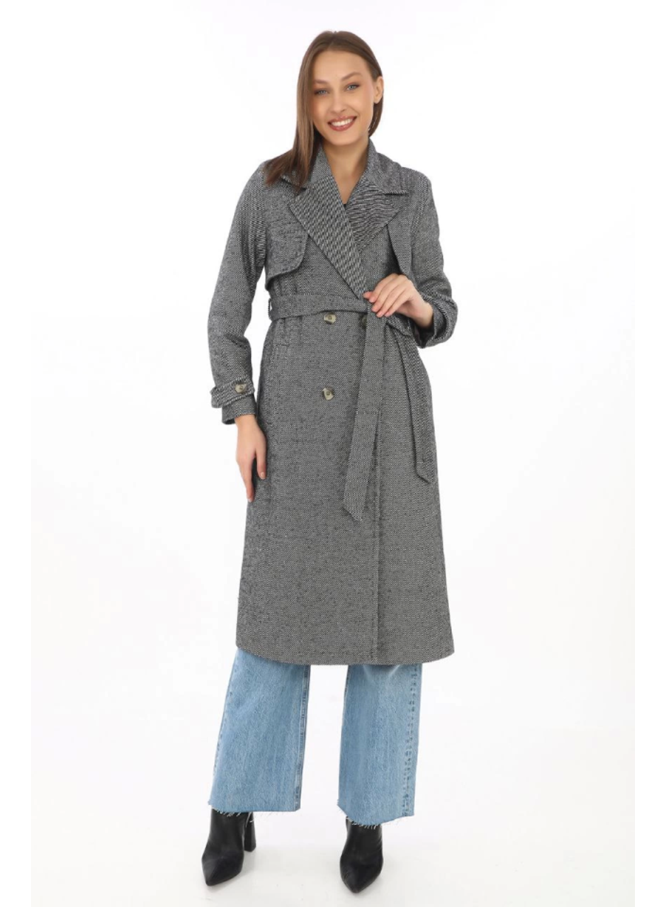 Balık Sırtı Kaşmir Uzun Kaşe Kaban - Boyalı Gri