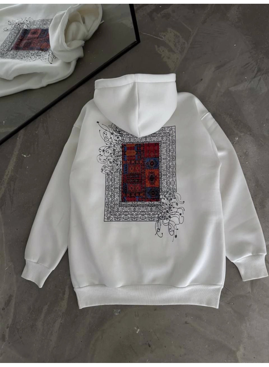 Uzun Kol Kapşonlu Ön Ve Arka Baskılı SweatShirt - Beyaz