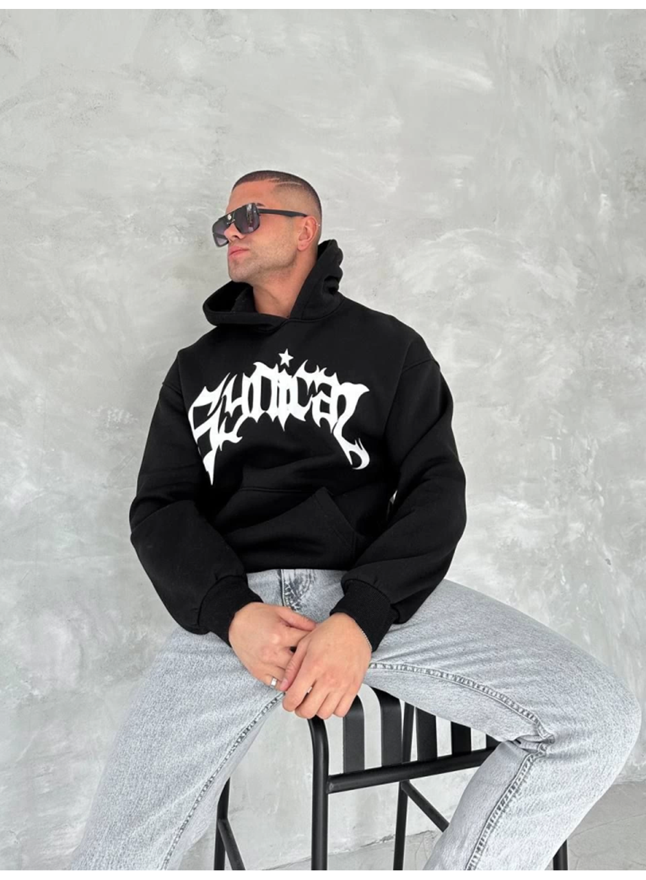 Unisex Üç İplik Kapşonlu Baskılı SweatShirt - Siyah