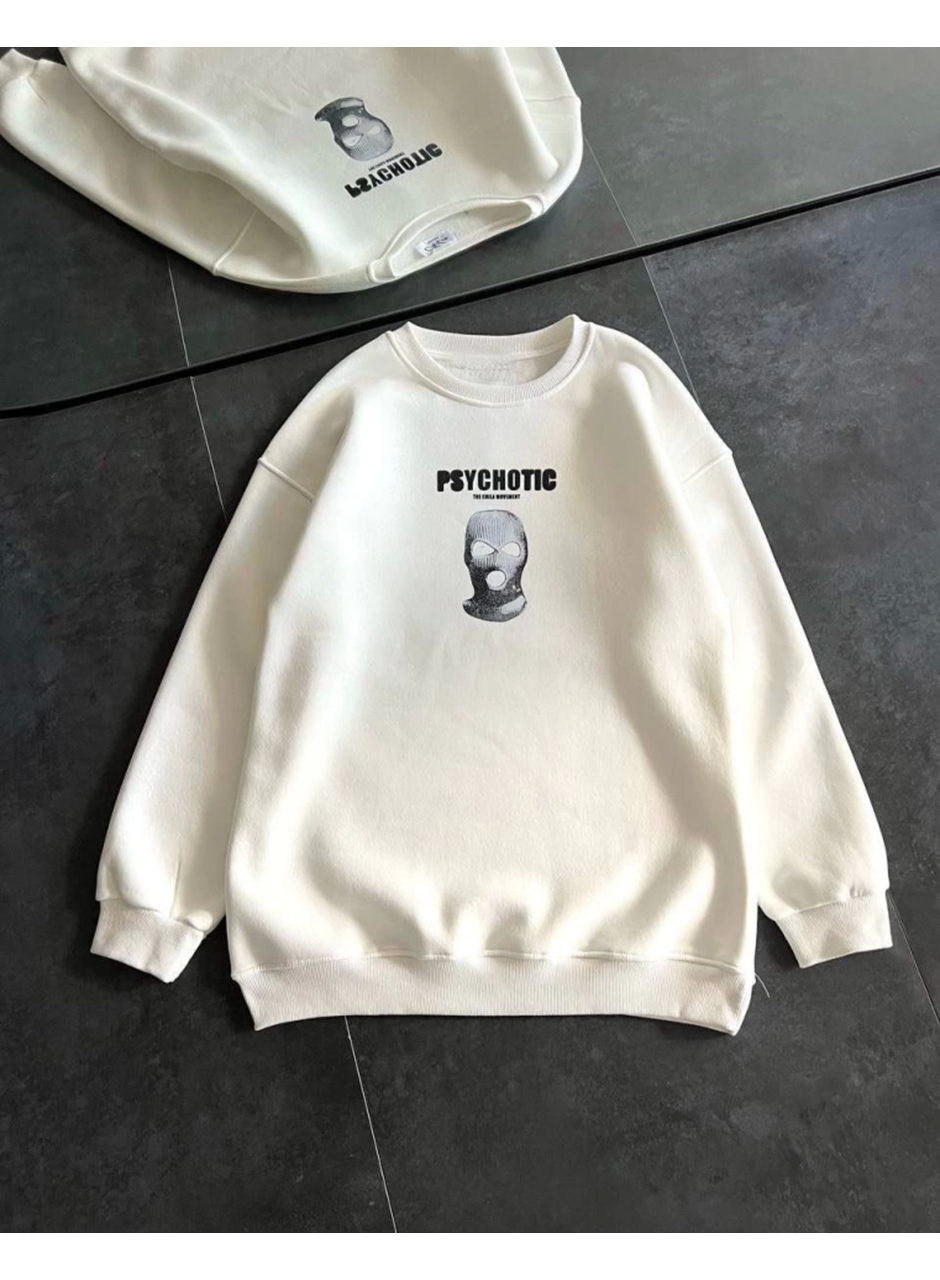 Kışlık Bisiklet Yaka Baskılı SweatShirt - Beyaz