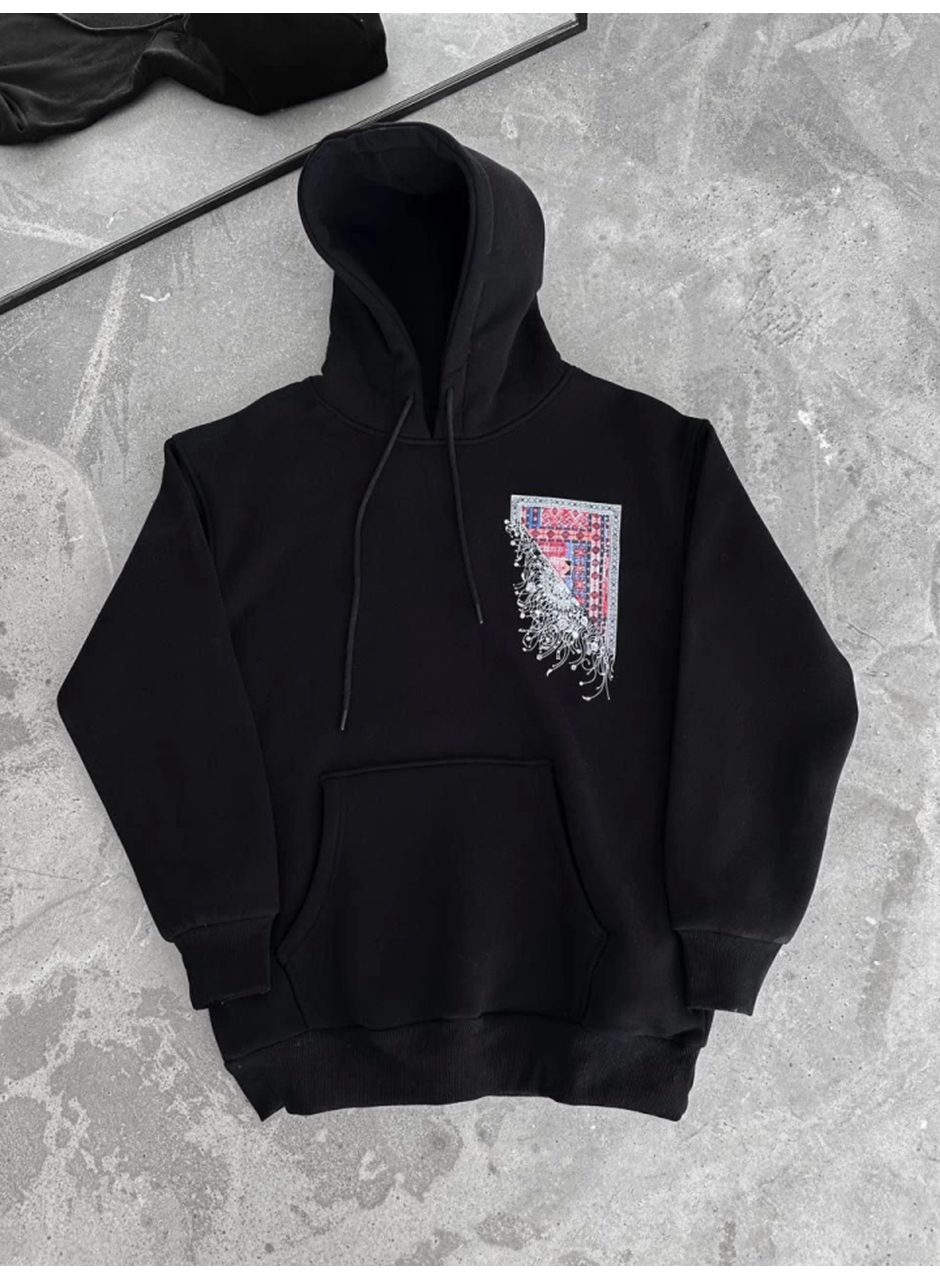Uzun Kol Kapşonlu Ön Ve Arka Baskılı SweatShirt - Siyah