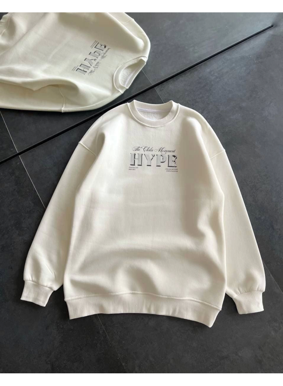 Üç İplik Bisiklet Yaka Baskılı SweatShirt - Beyaz