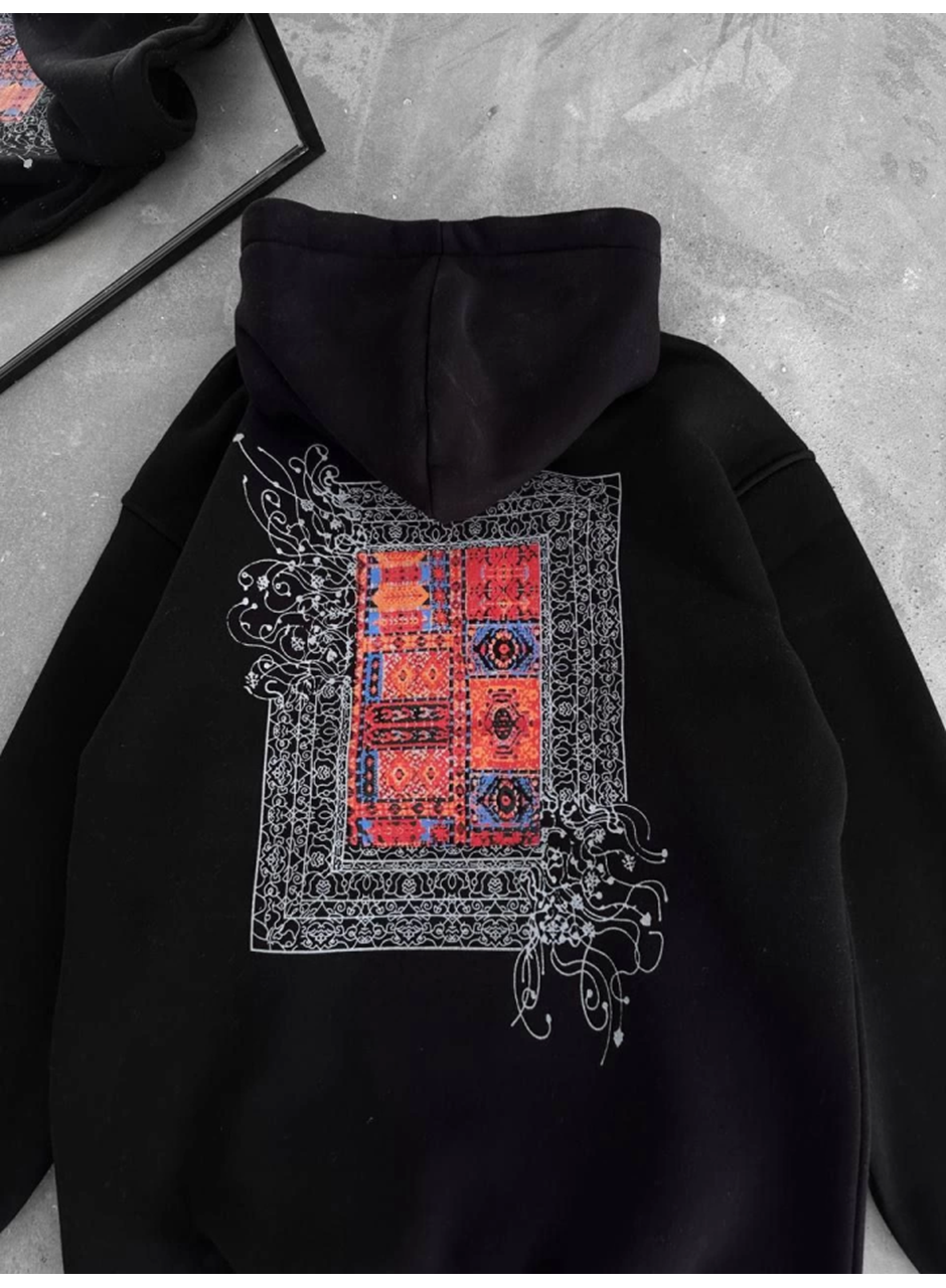 Uzun Kol Kapşonlu Ön Ve Arka Baskılı SweatShirt - Siyah