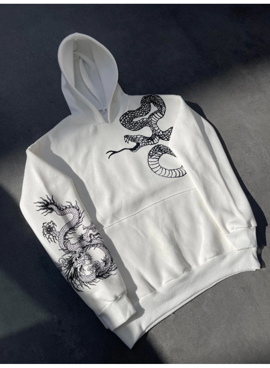 Uzun Kol Kapşonlu Baskılı SweatShirt - Beyaz