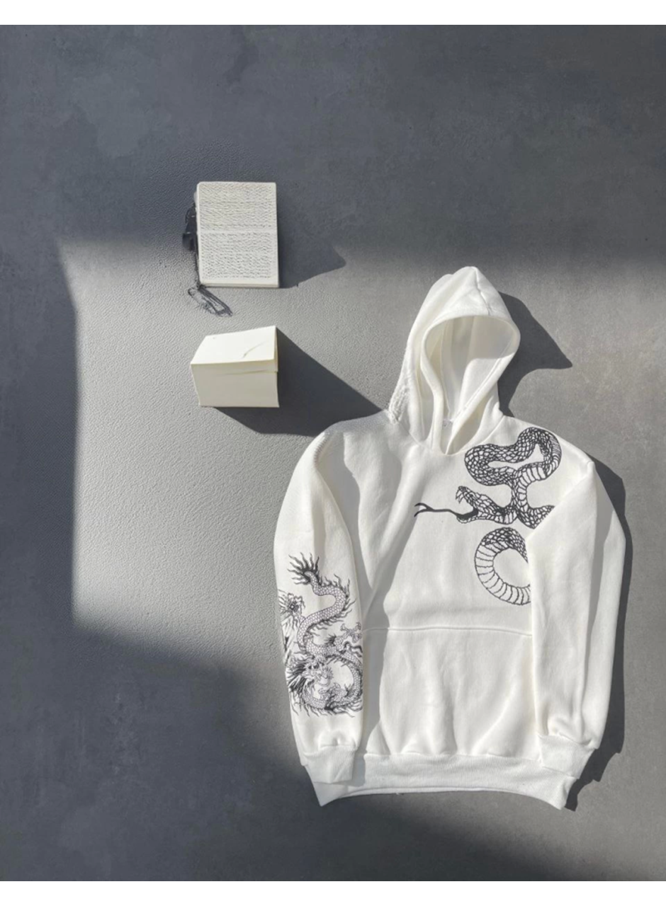 Uzun Kol Kapşonlu Baskılı SweatShirt - Beyaz