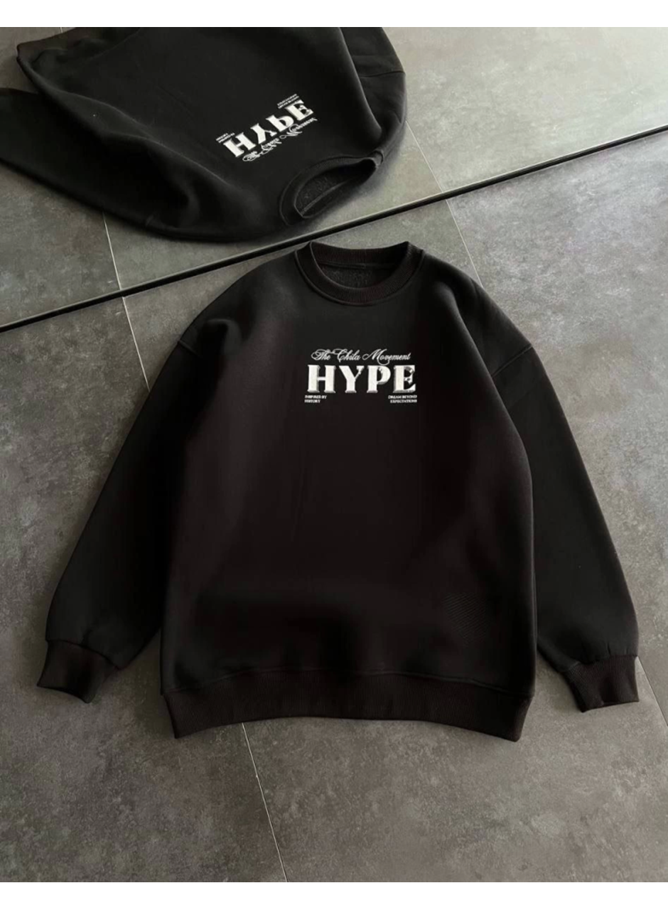 Üç İplik Bisiklet Yaka Baskılı SweatShirt - Siyah