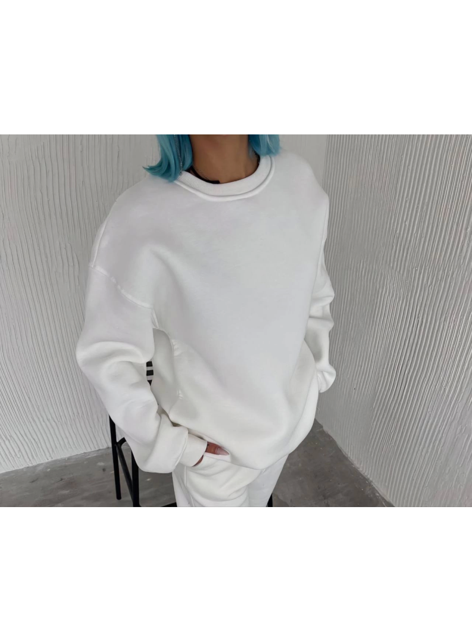 Kışlık Bisiklet Yaka Üç İplik Basic SweatShirt - Beyaz