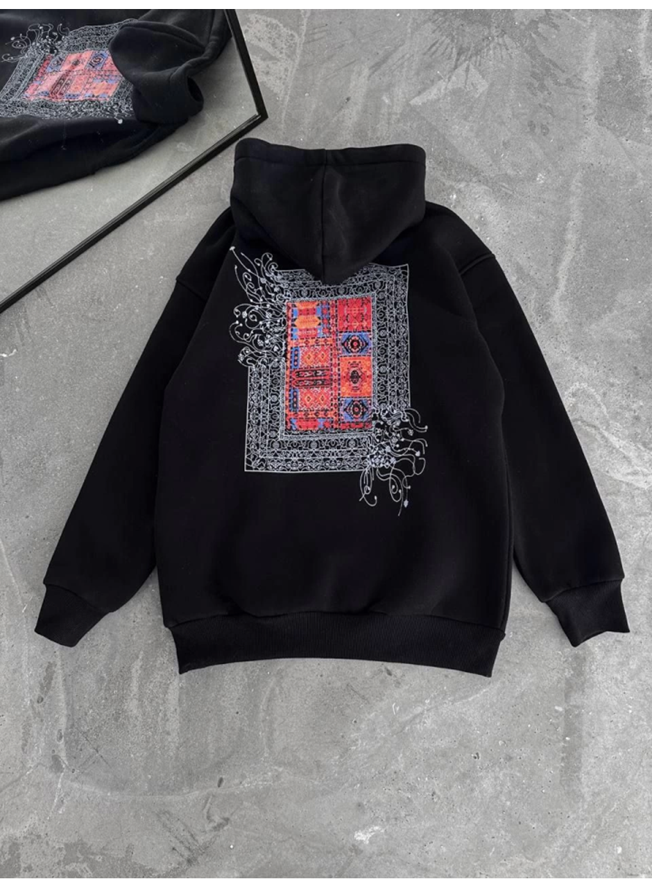 Uzun Kol Kapşonlu Ön Ve Arka Baskılı SweatShirt - Siyah