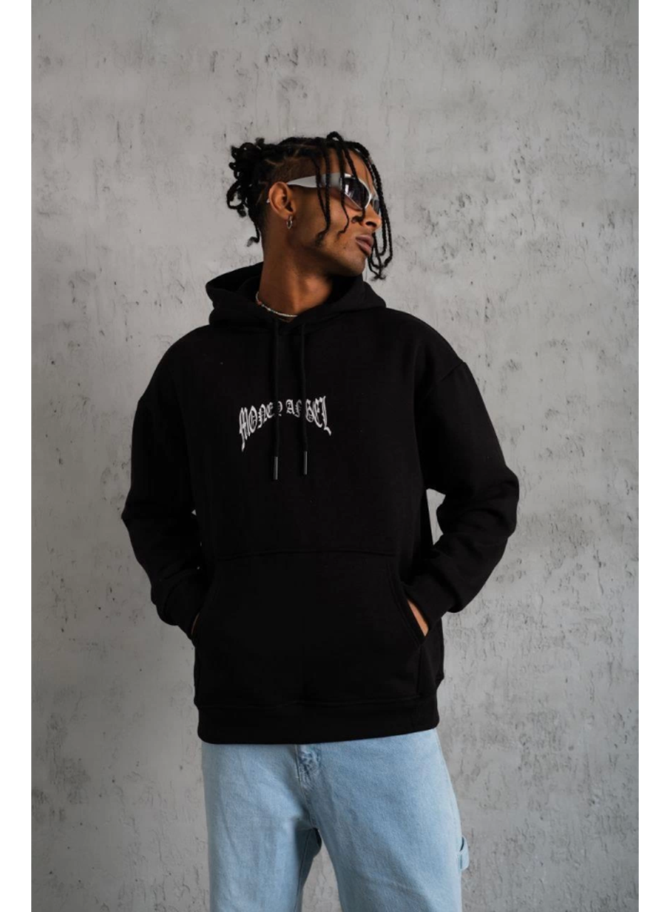 Erkek Kordon İpli Baskılı Kapüşonlu Sweatshirt - Siyah