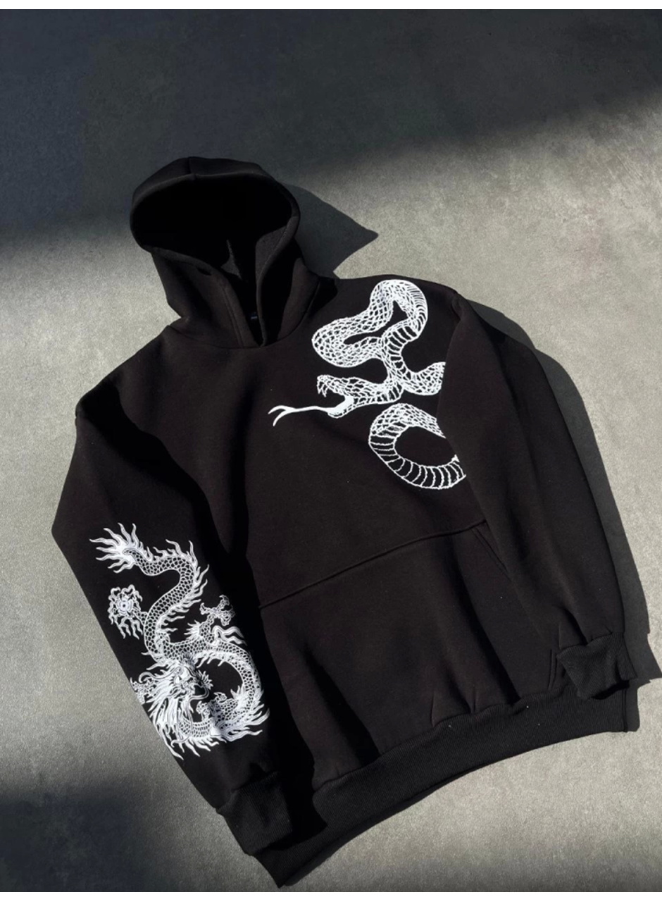 Uzun Kol Kapşonlu Baskılı SweatShirt - Siyah