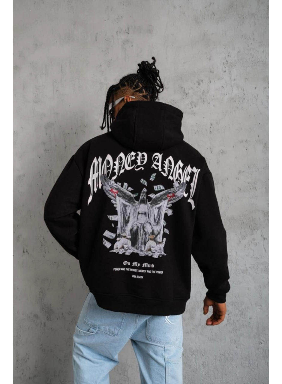 Erkek Kordon İpli Baskılı Kapüşonlu Sweatshirt - Siyah