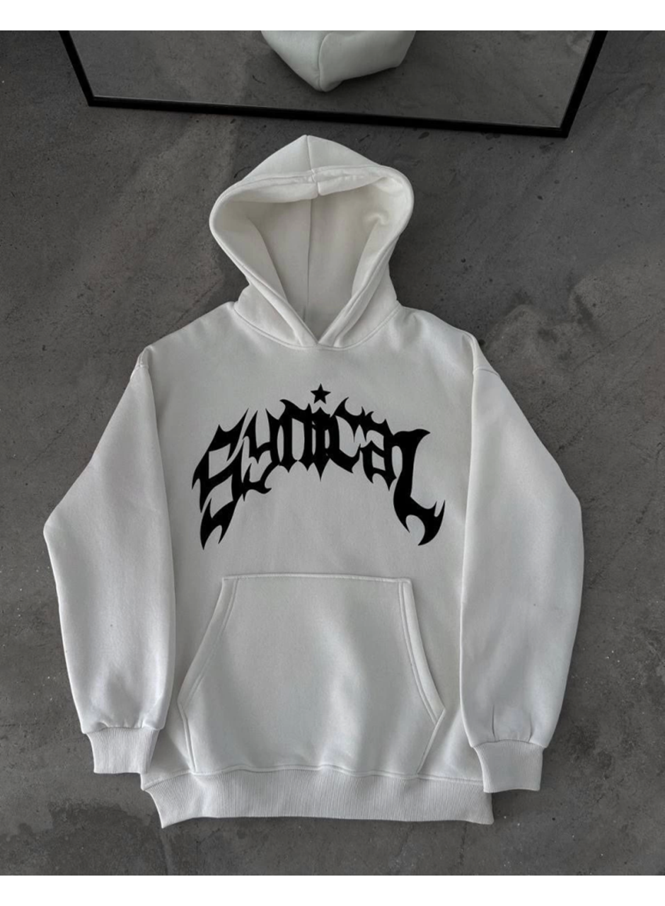 Kışlık Kapşonlu Baskılı Oversize SweatShirt- Beyaz