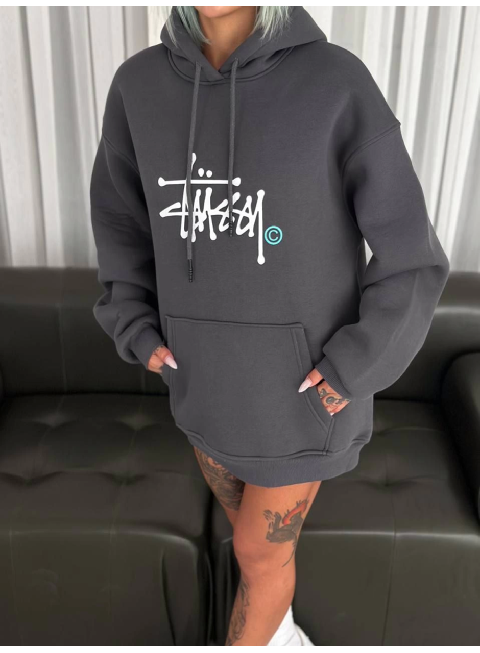 Üç İplik Kapşonlu Baskılı SweatShirt - Füme