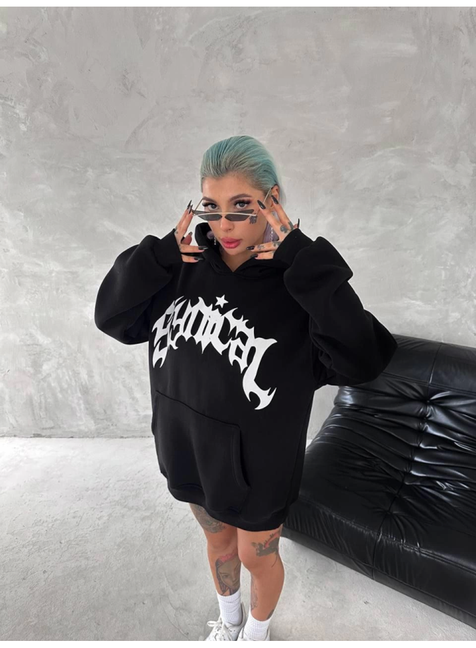 Unisex Üç İplik Kapşonlu Baskılı SweatShirt - Siyah