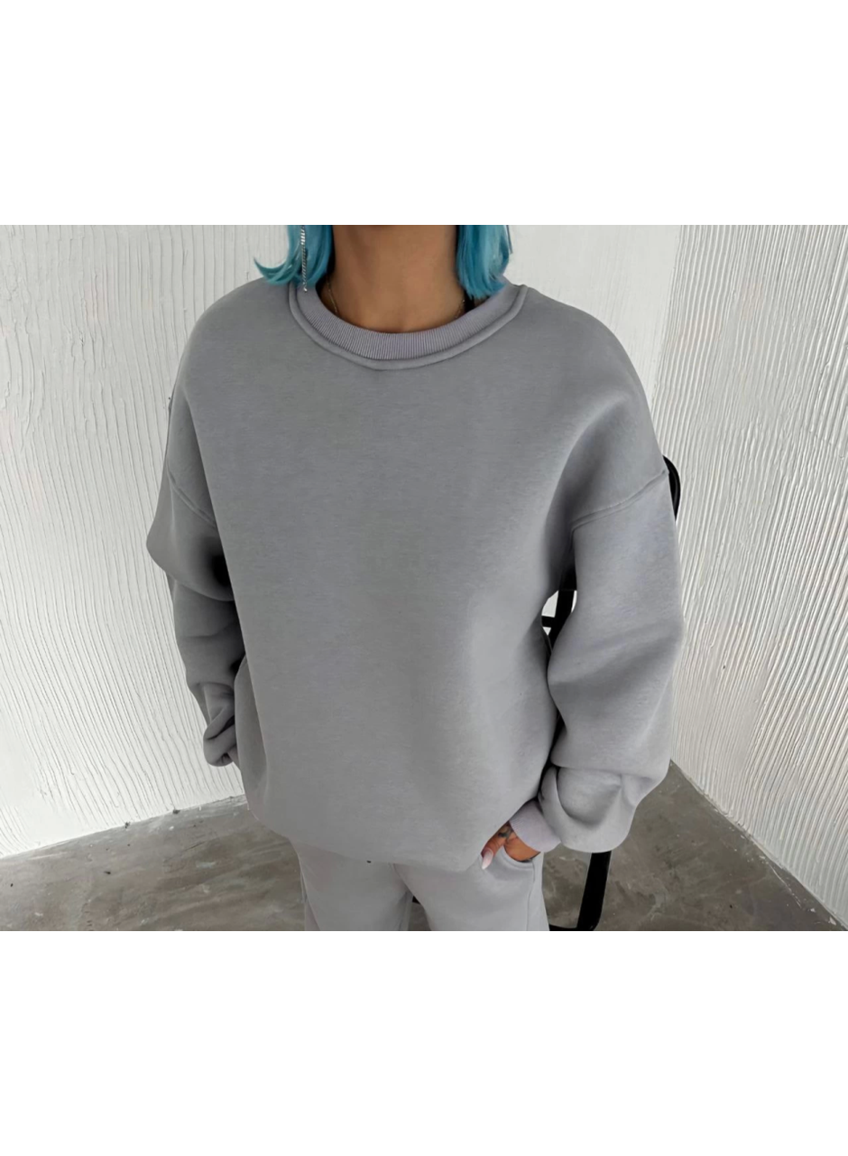 Kışlık Bisiklet Yaka Üç İplik Basic SweatShirt - Gri