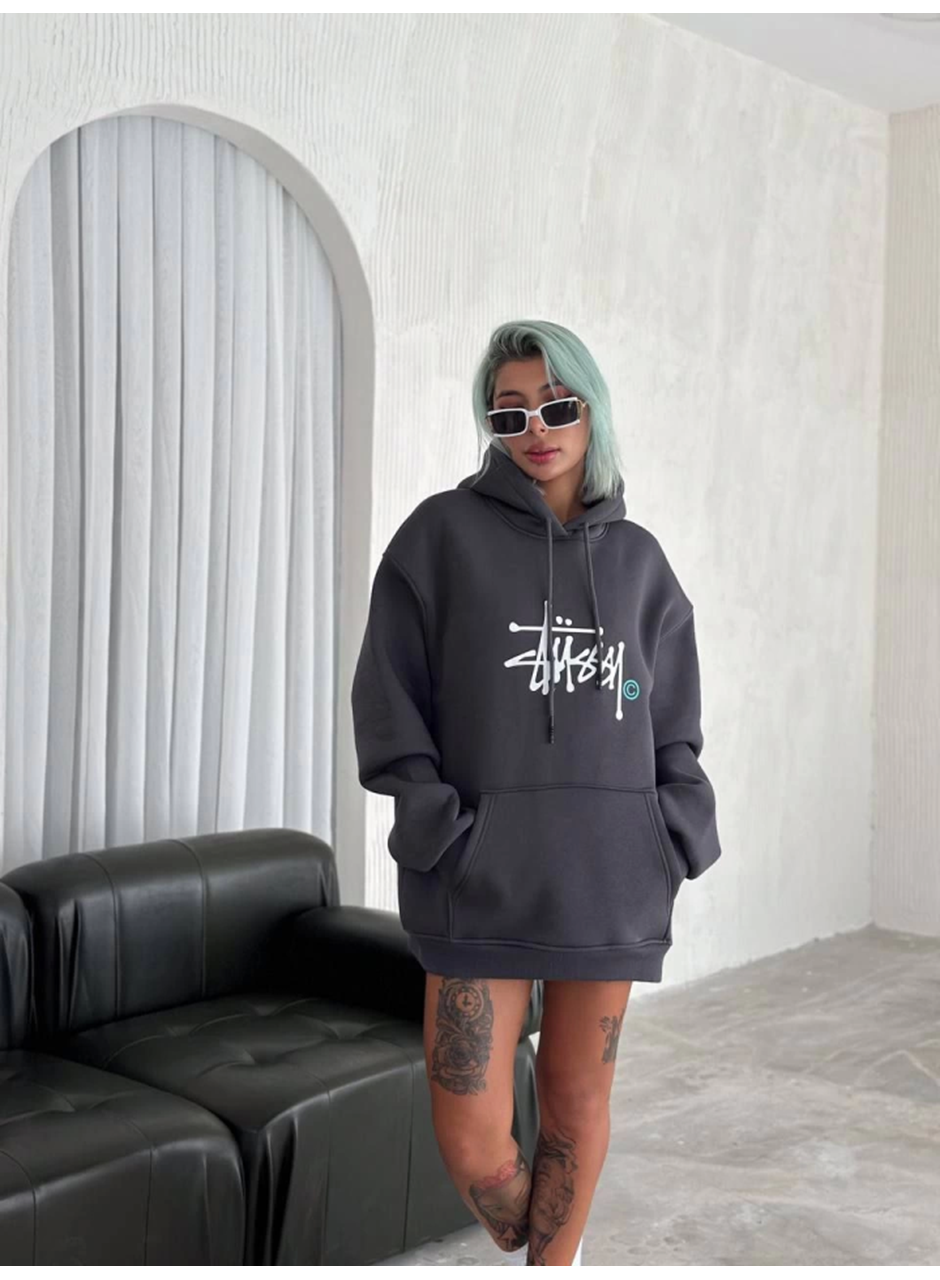 Üç İplik Kapşonlu Baskılı SweatShirt - Füme