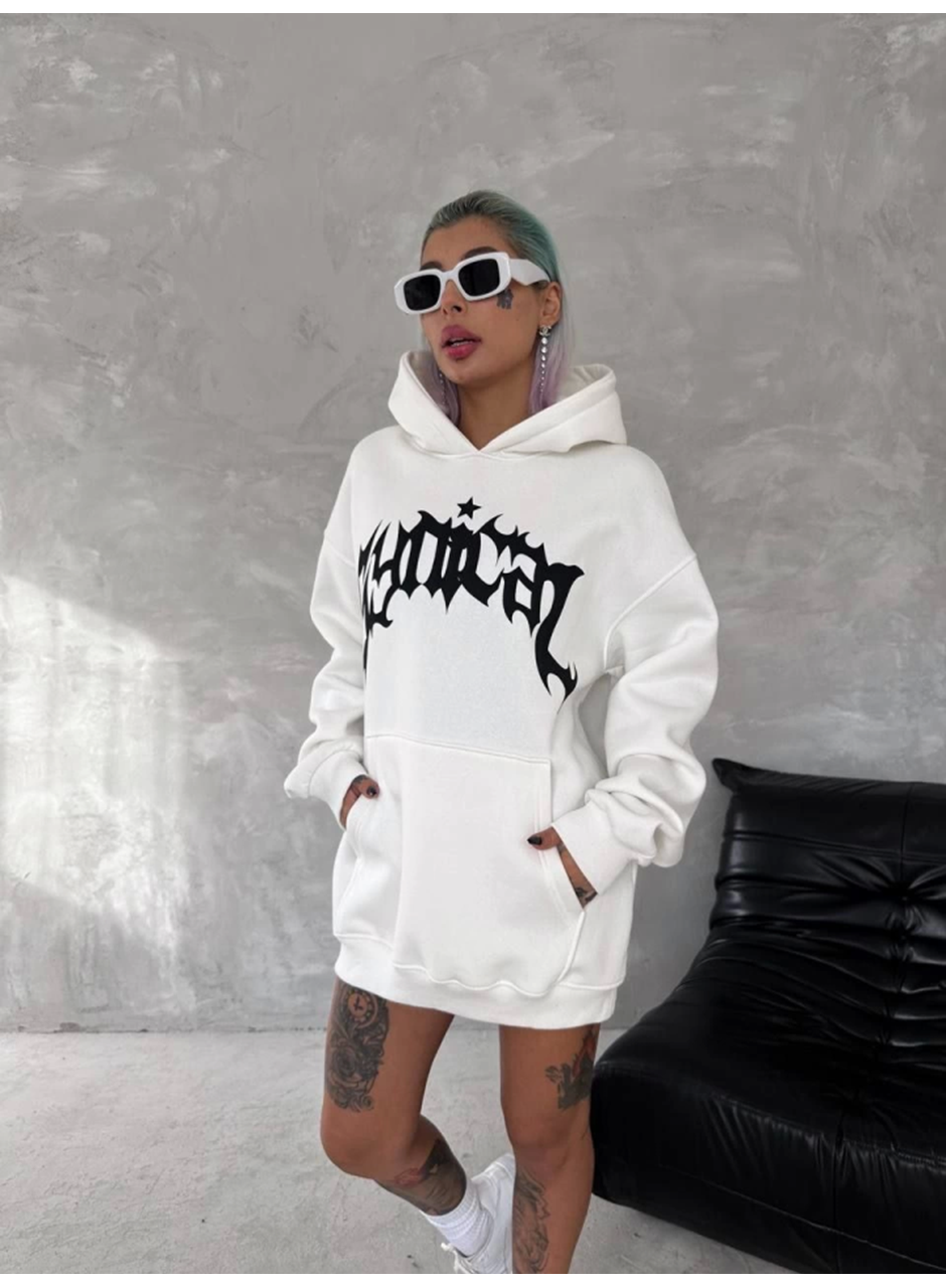 Unisex Üç İplik Kapşonlu Baskılı SweatShirt - Beyaz