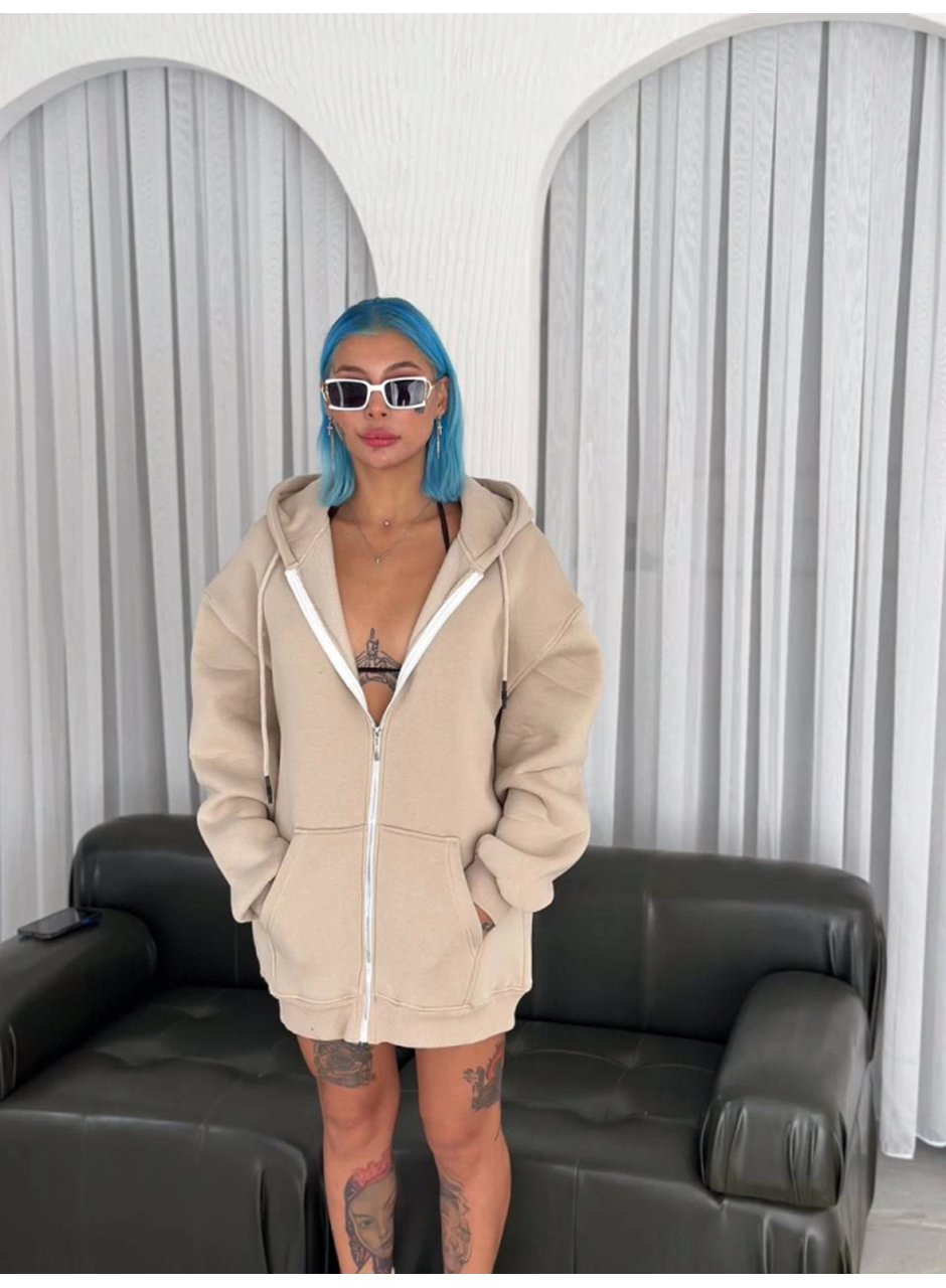 Oversize Tam Fermuarlı Uzun Kol Hırka - Bej