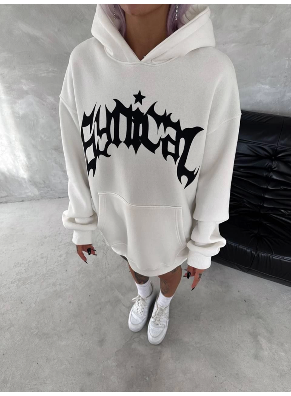 Unisex Üç İplik Kapşonlu Baskılı SweatShirt - Beyaz