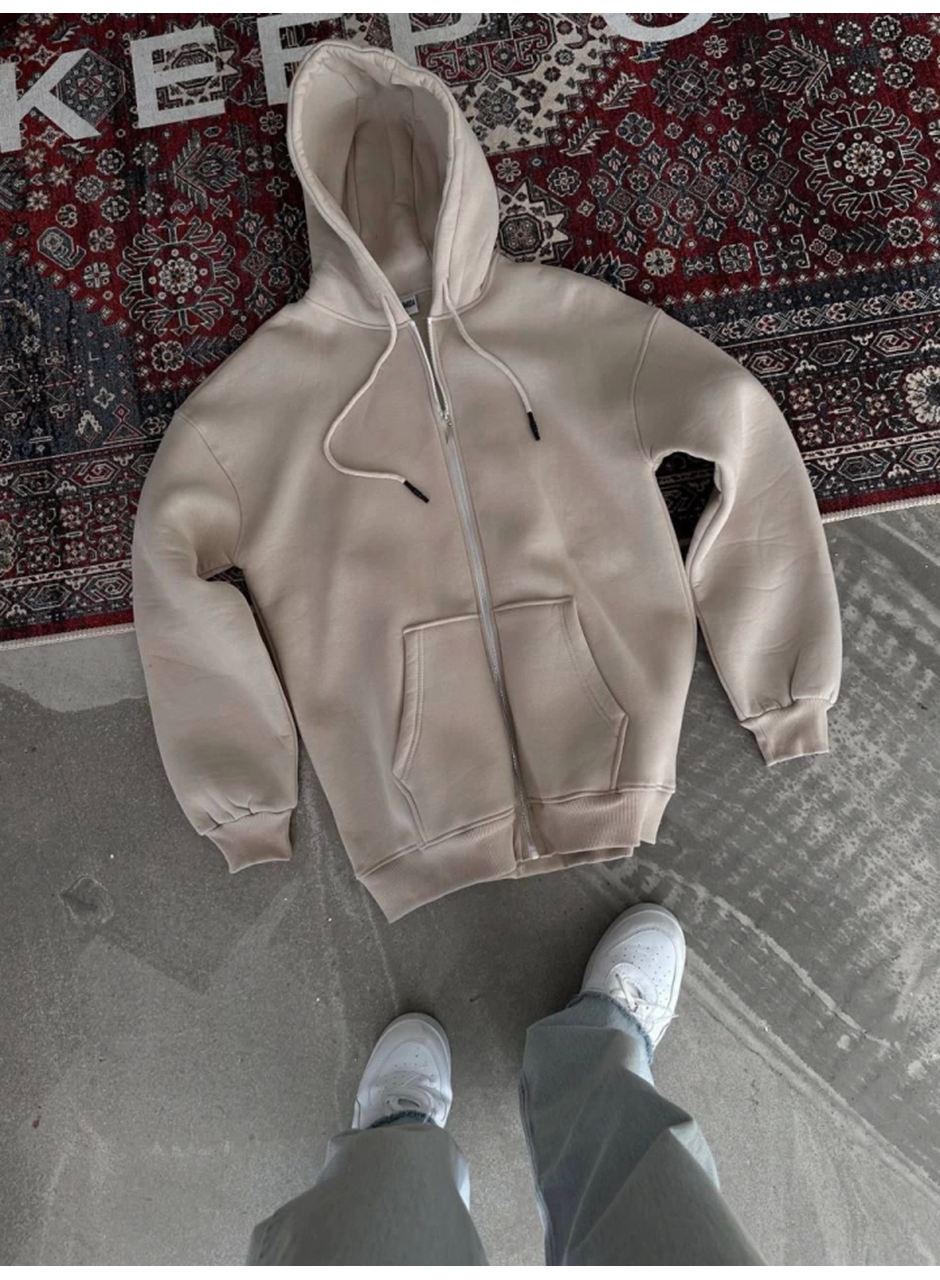 Oversize Tam Fermuarlı Uzun Kol Hırka - Bej