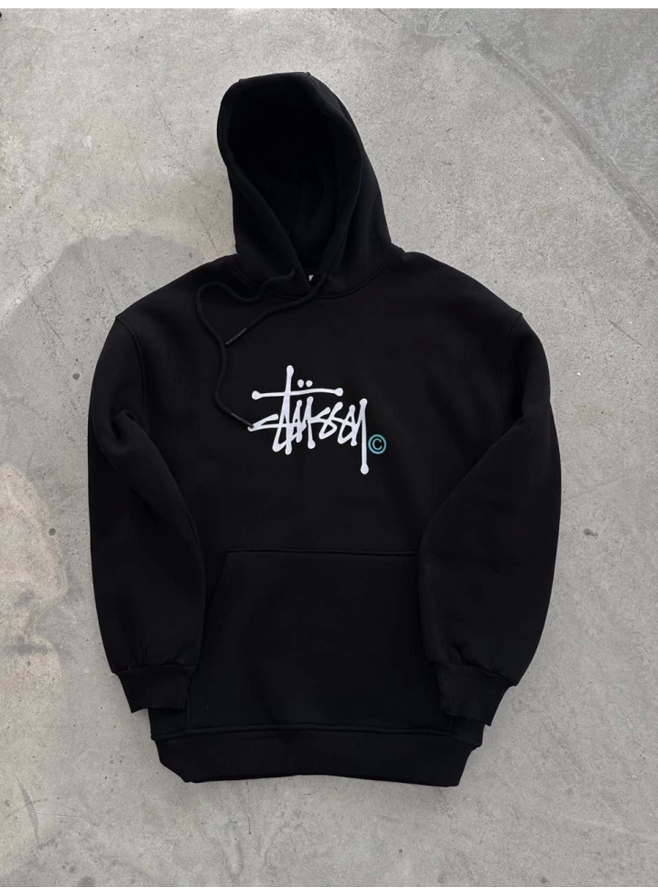 Üç İplik Kapşonlu Baskılı SweatShirt - Siyah