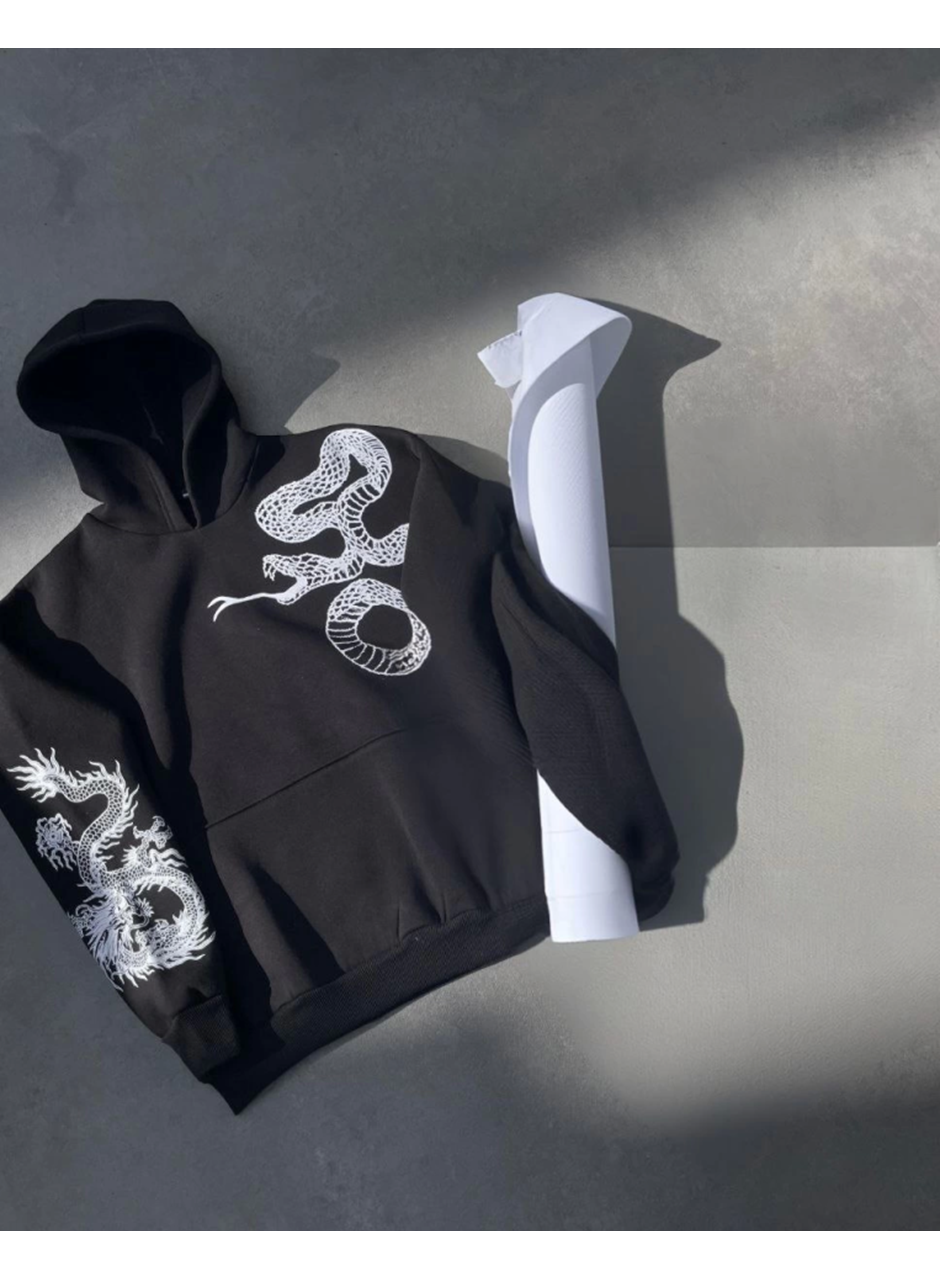 Uzun Kol Kapşonlu Baskılı SweatShirt - Siyah