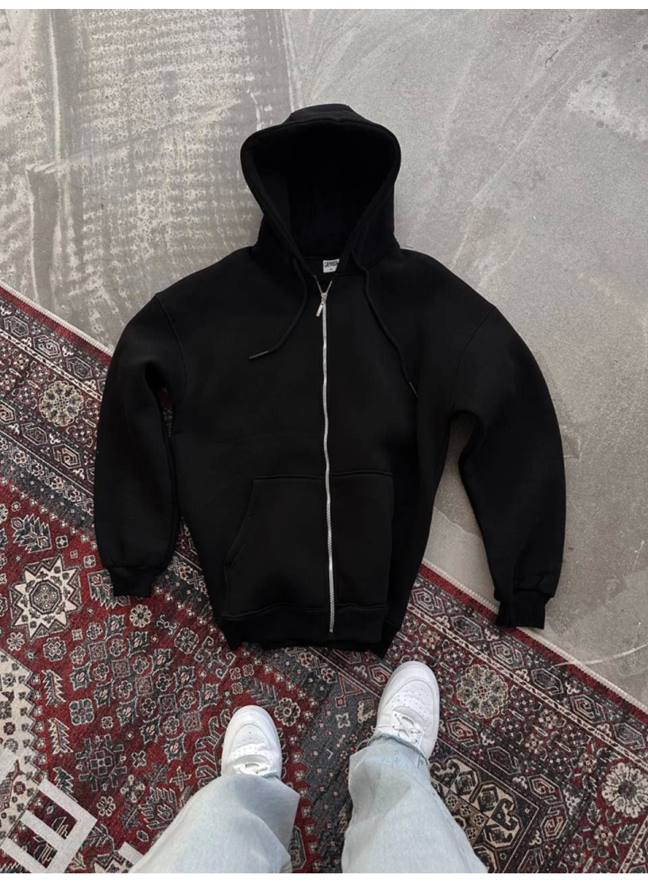 Oversize Tam Fermuarlı Uzun Kol Hırka - Siyah