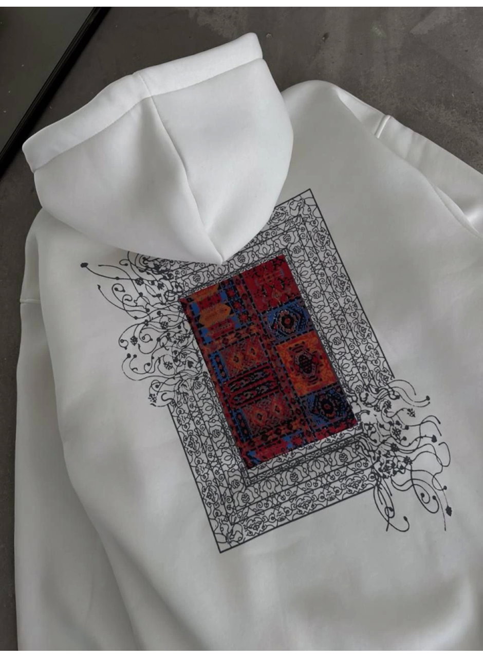 Uzun Kol Kapşonlu Ön Ve Arka Baskılı SweatShirt - Beyaz