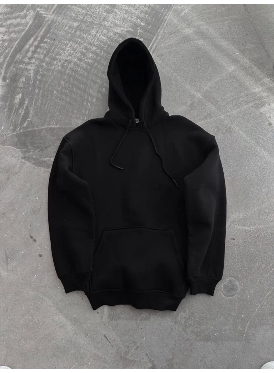 Kapşonlu Üç İplik Penye Basic SweatShirt - Siyah