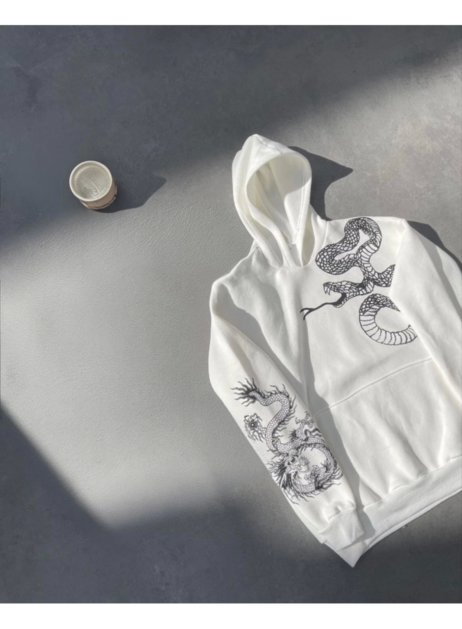 Uzun Kol Kapşonlu Baskılı SweatShirt - Beyaz