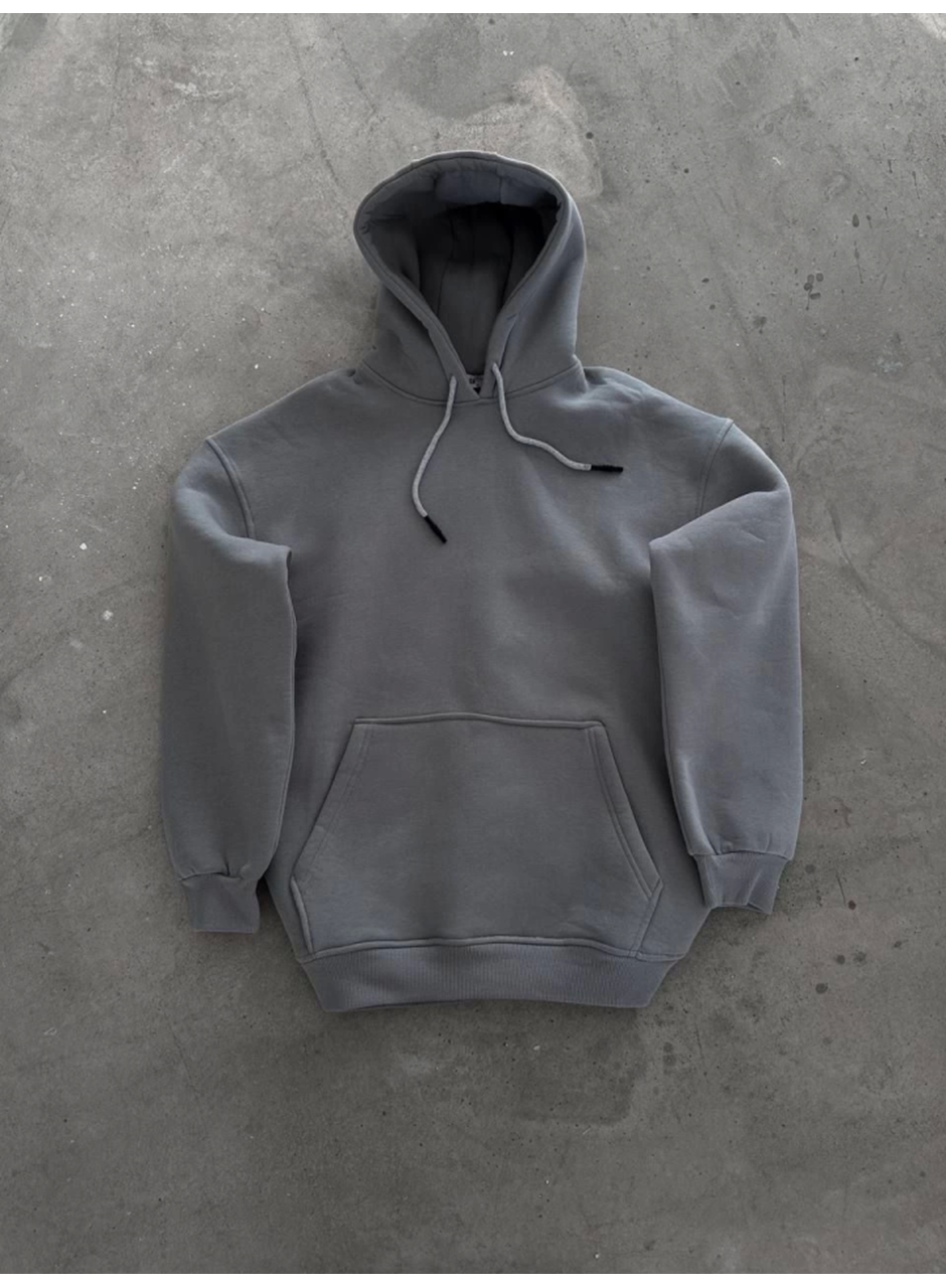 Kapşonlu Üç İplik Penye Basic SweatShirt - Boyalı Gri