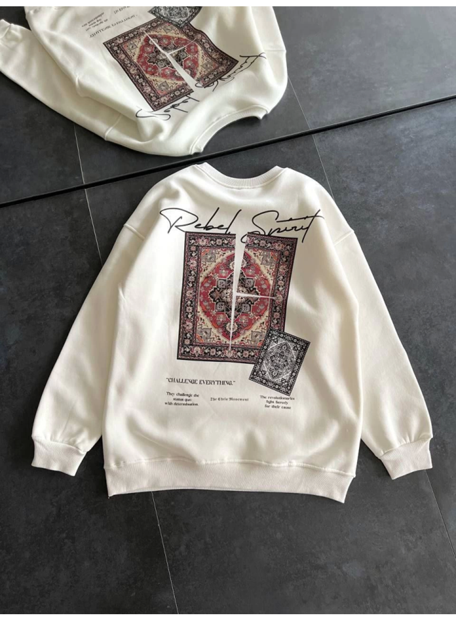Bisiklet Yaka Baskılı SweatShirt - Beyaz