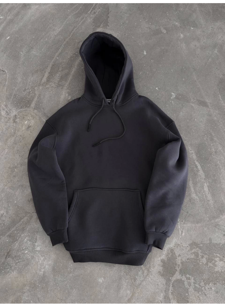 Kapşonlu Üç İplik Penye Basic SweatShirt - Füme