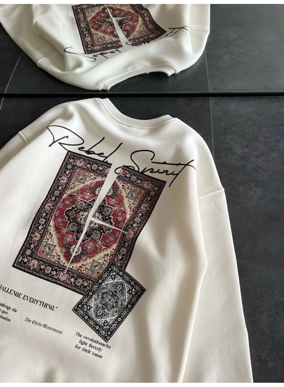 Bisiklet Yaka Baskılı SweatShirt - Beyaz