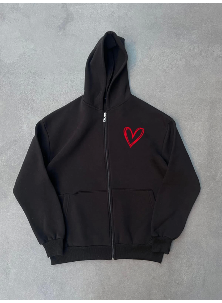 Üç İplik Baskılı Fermuarlı Kapşonlu Hırka - Siyah