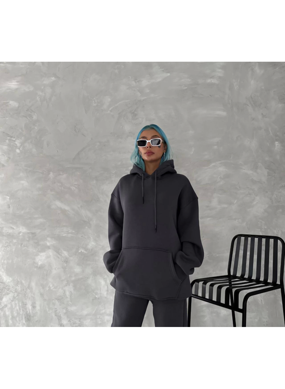 Kapşonlu Üç İplik Penye Basic SweatShirt - Füme