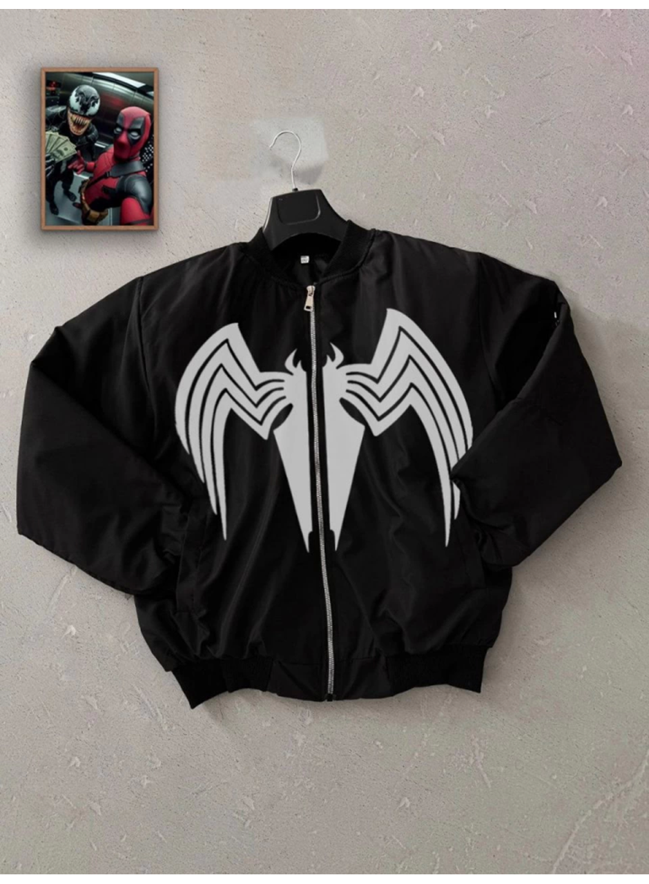 Tam Fermuarlı Uzun Kol Baskılı Bomber Ceket - Siyah