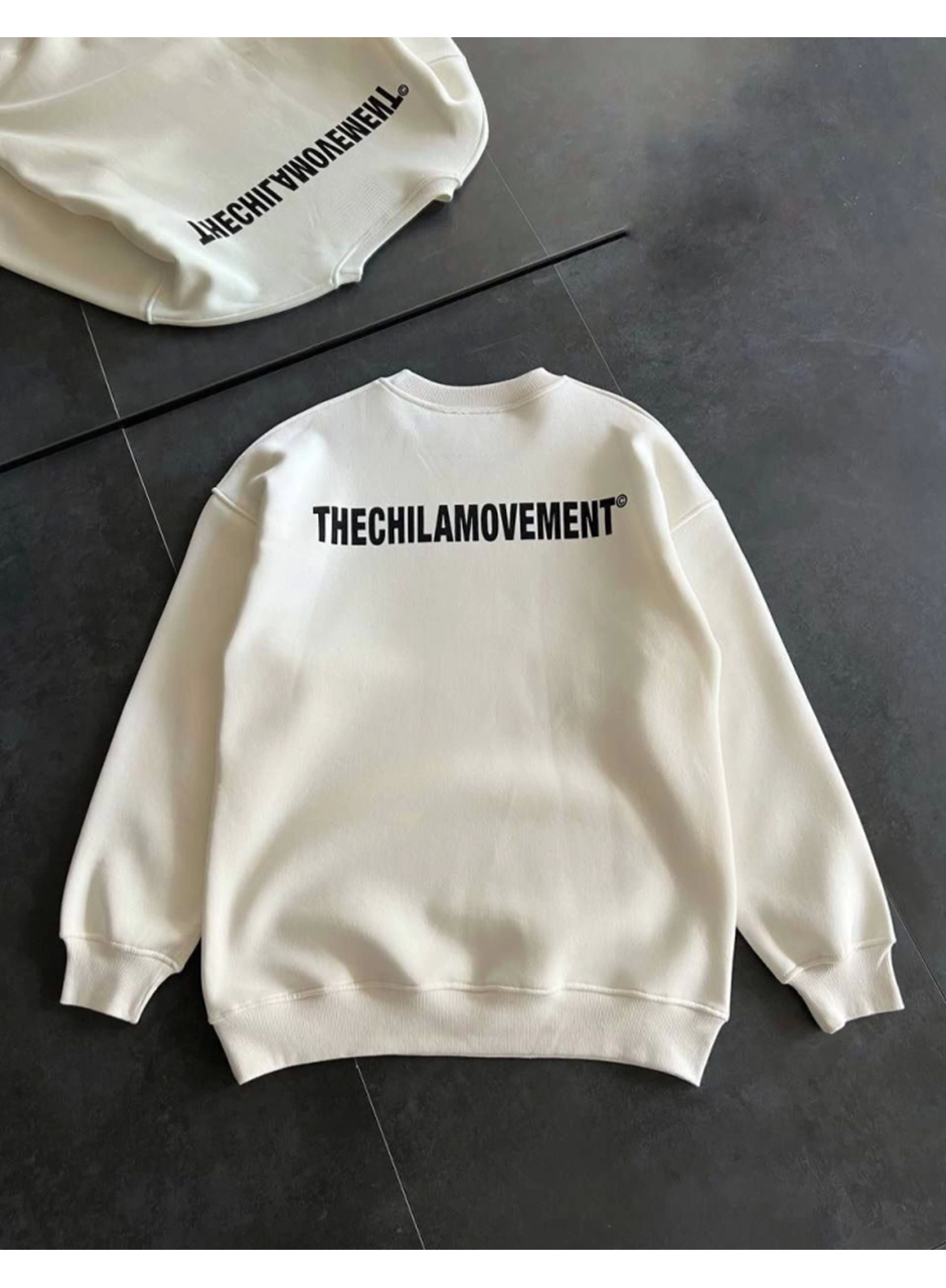 Kışlık Bisiklet Yaka Oversize Baskılı SweatShirt - Beyaz