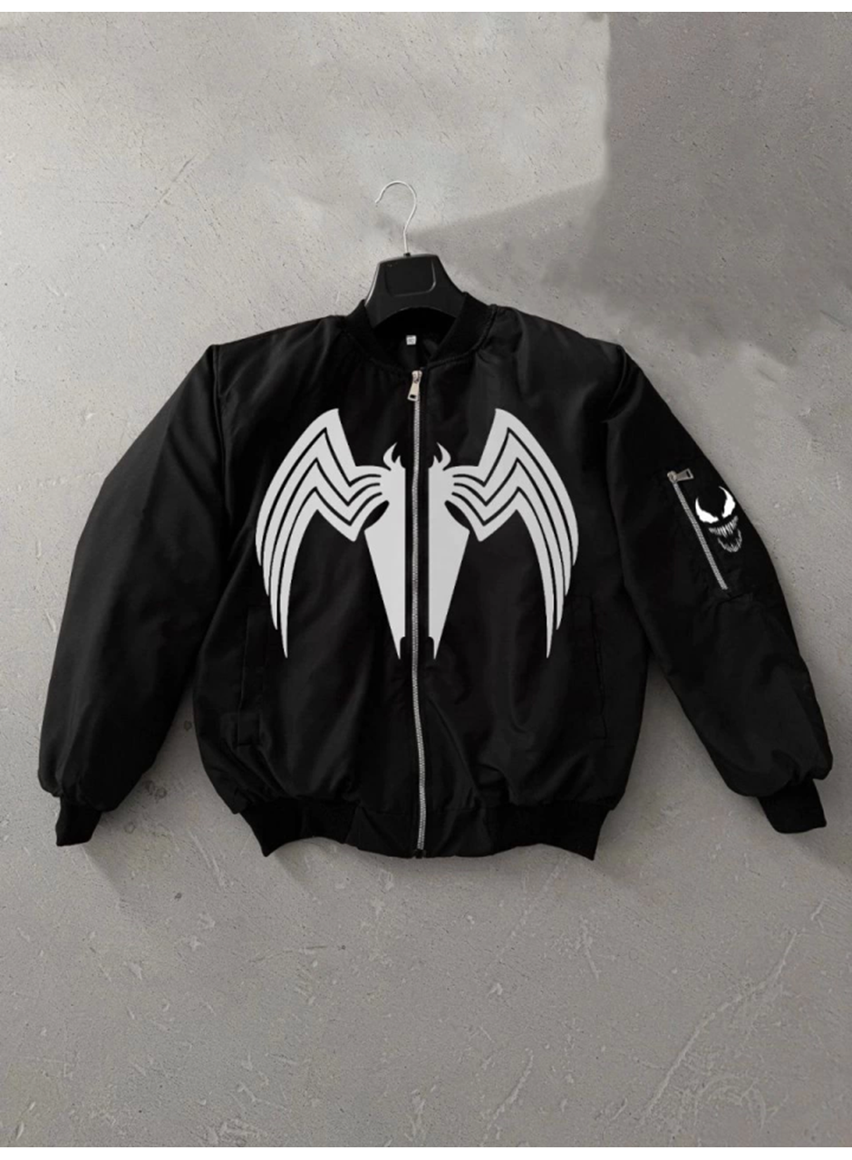 Tam Fermuarlı Uzun Kol Baskılı Bomber Ceket - Siyah