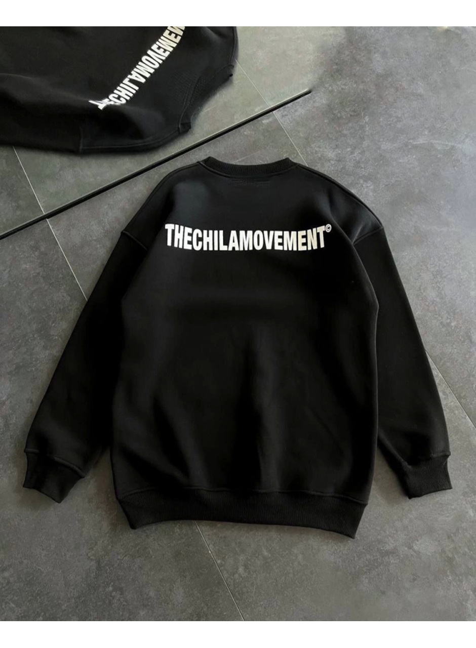 Kışlık Bisiklet Yaka Oversize Baskılı SweatShirt - Siyah