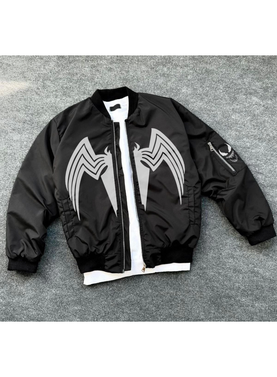 Tam Fermuarlı Uzun Kol Baskılı Bomber Ceket - Siyah