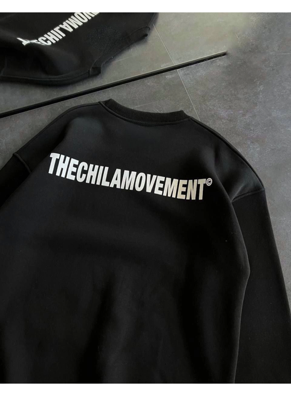 Kışlık Bisiklet Yaka Oversize Baskılı SweatShirt - Siyah