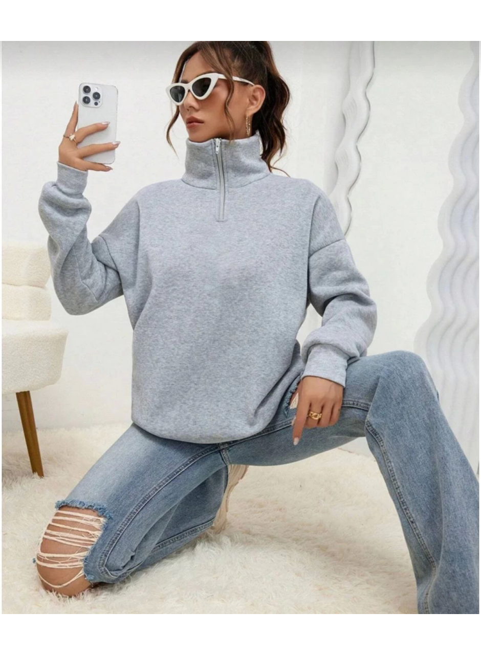 Unisex Uzun Kol Yarım Farmuarlı Yakalı Basic SweatShirt - Gri