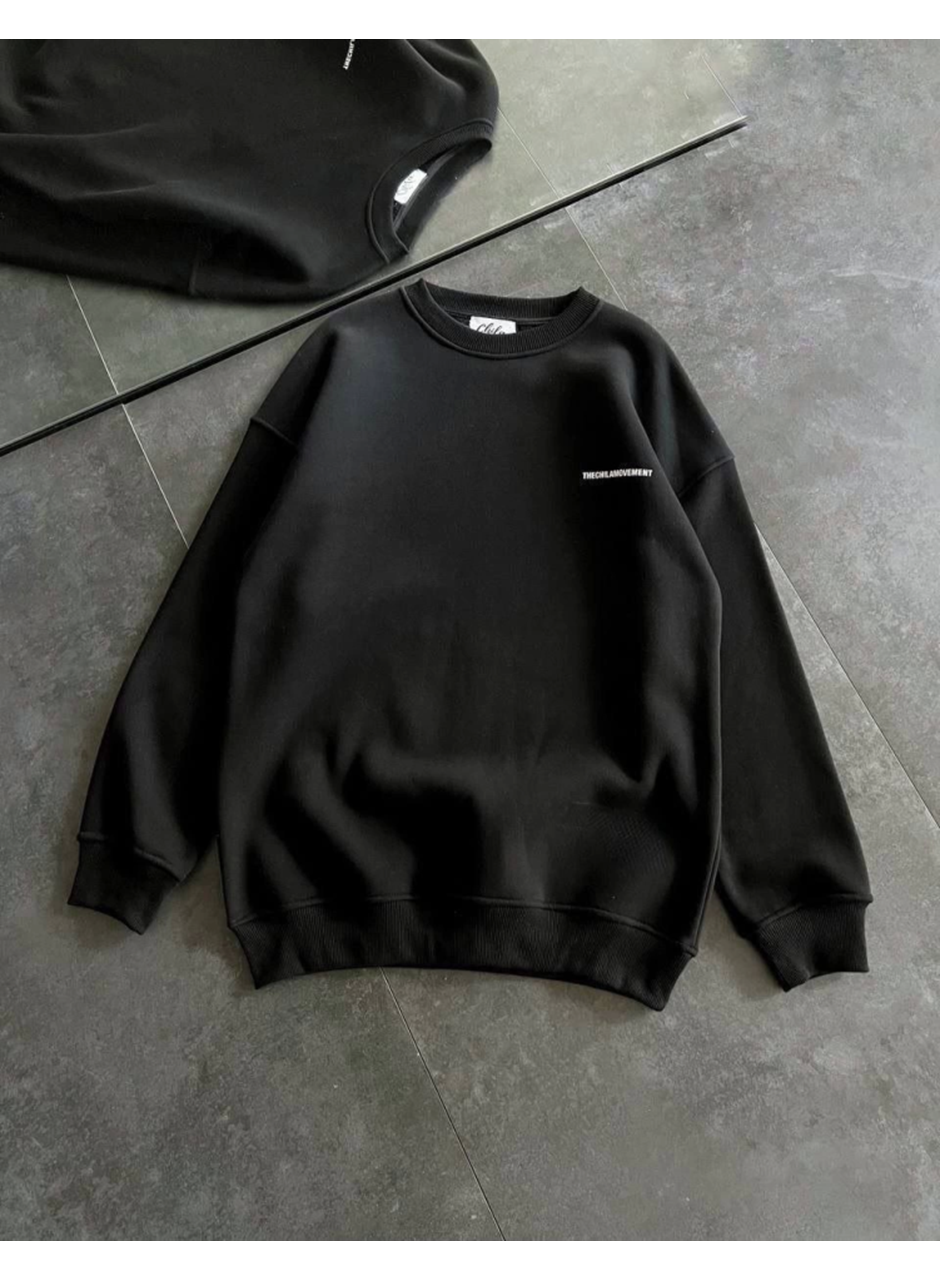 Kışlık Bisiklet Yaka Oversize Baskılı SweatShirt - Siyah